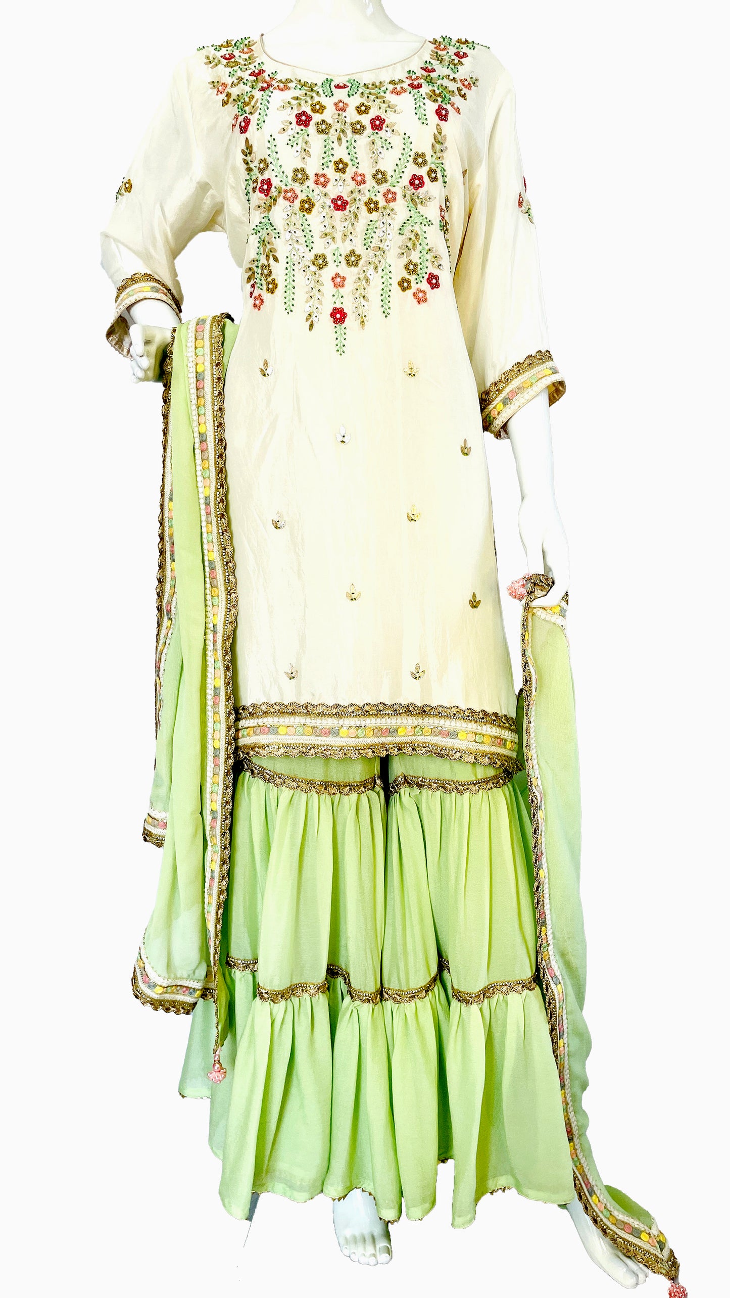 White and Mint Green Pure Upada Silk Gharara Suit with Handwork Embroidery