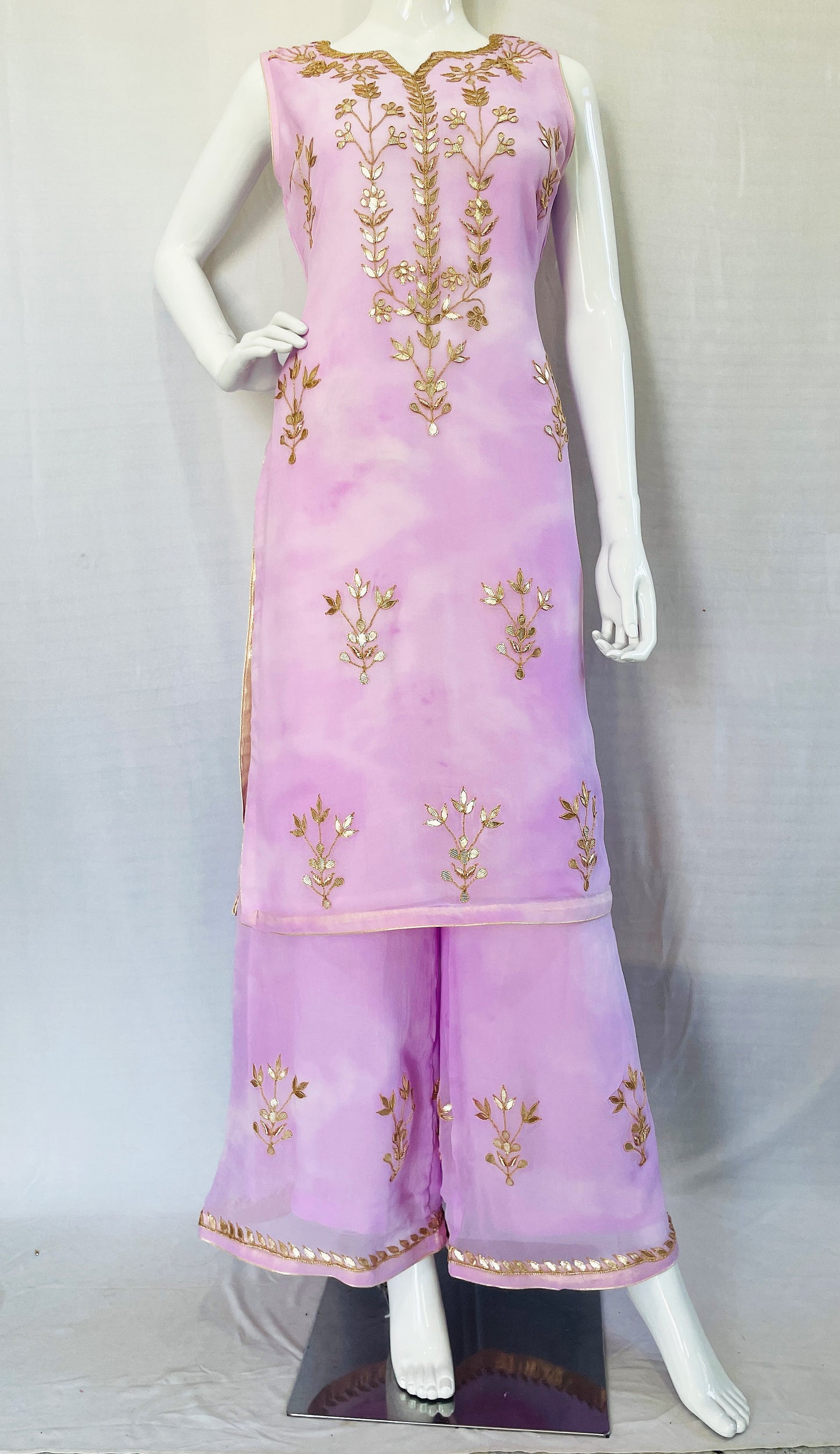 Purple Tie n Dye Pure Chinon Fabric with Traditional Gota Patti Hand Work Long Top Palazzo Pants with Dupatta