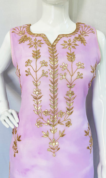 Purple Tie n Dye Pure Chinon Fabric with Traditional Gota Patti Hand Work Long Top Palazzo Pants with Dupatta