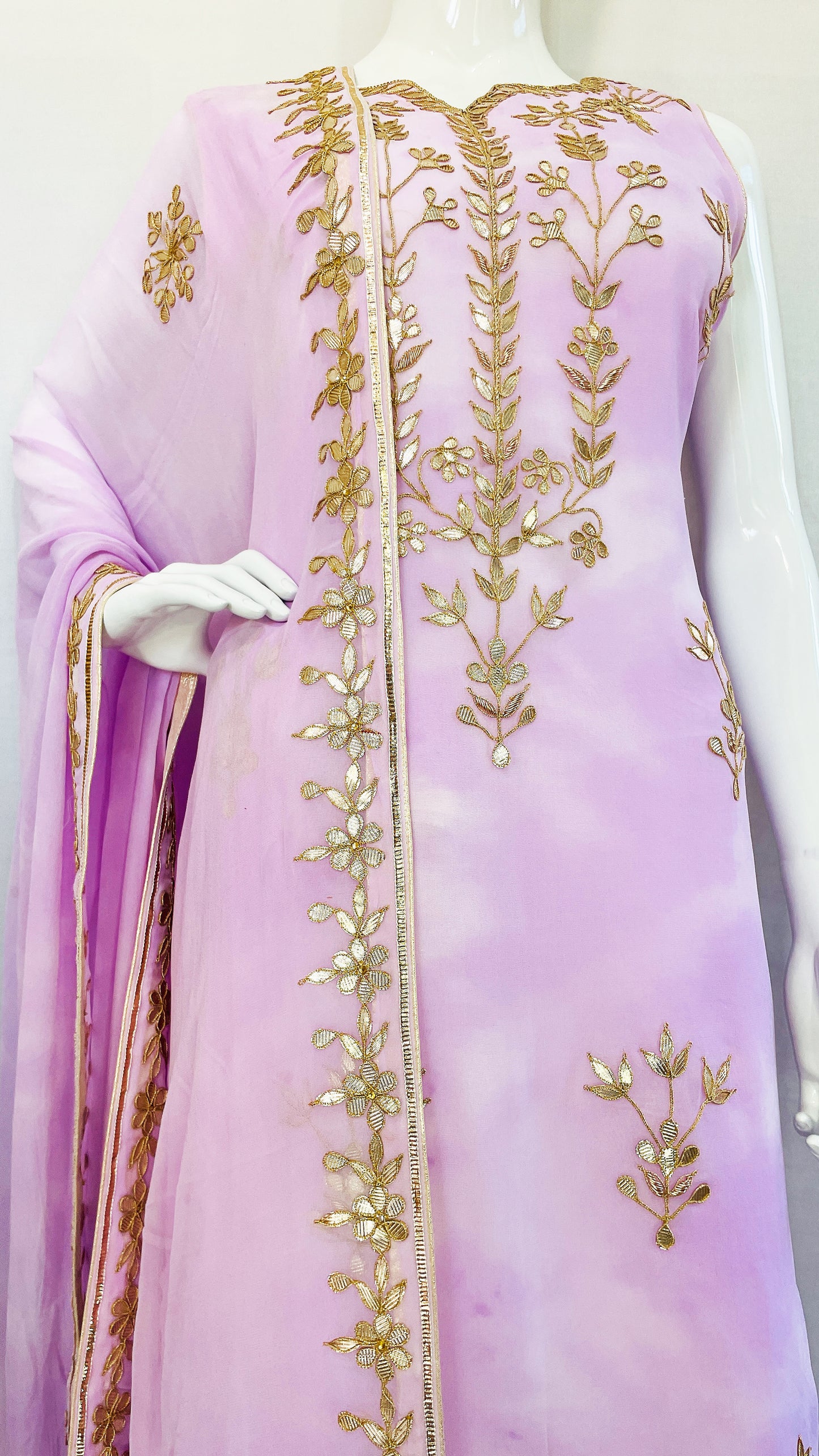 Purple Tie n Dye Pure Chinon Fabric with Traditional Gota Patti Hand Work Long Top Palazzo Pants with Dupatta