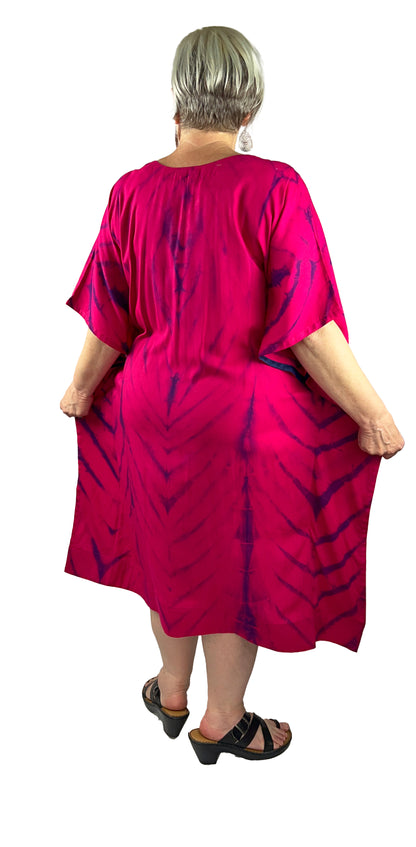 Hot Pink Tie dye Calf Length Rayon Kaftan