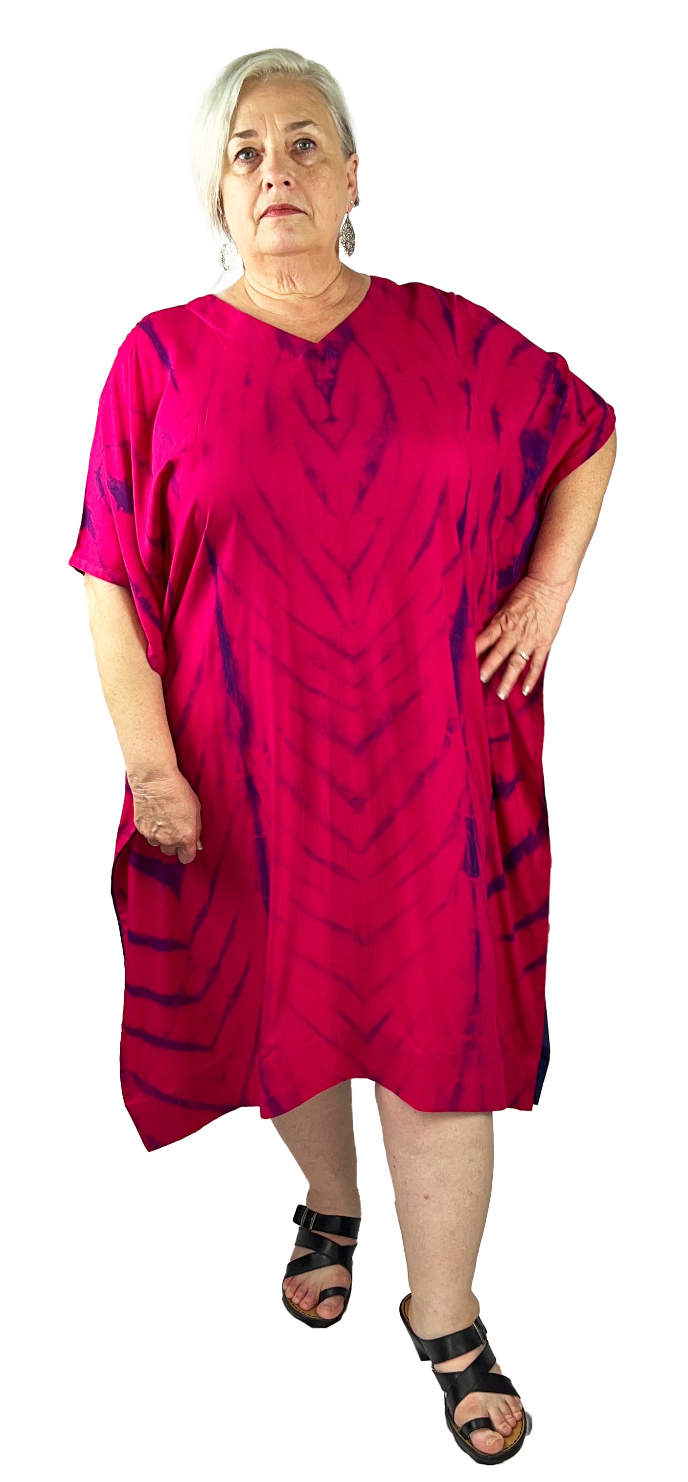 Hot Pink Tie dye Calf Length Rayon Kaftan