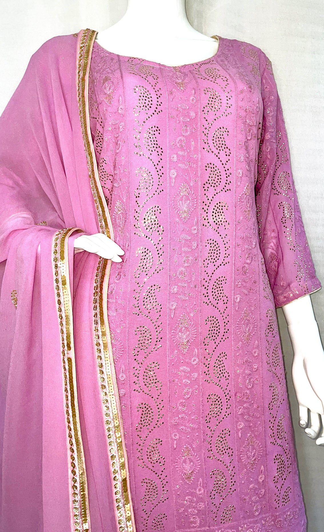 Lavender Pure Georgette Palazzo Suit with Handwork Embroidery with Long Top and Embroidered Dupatta