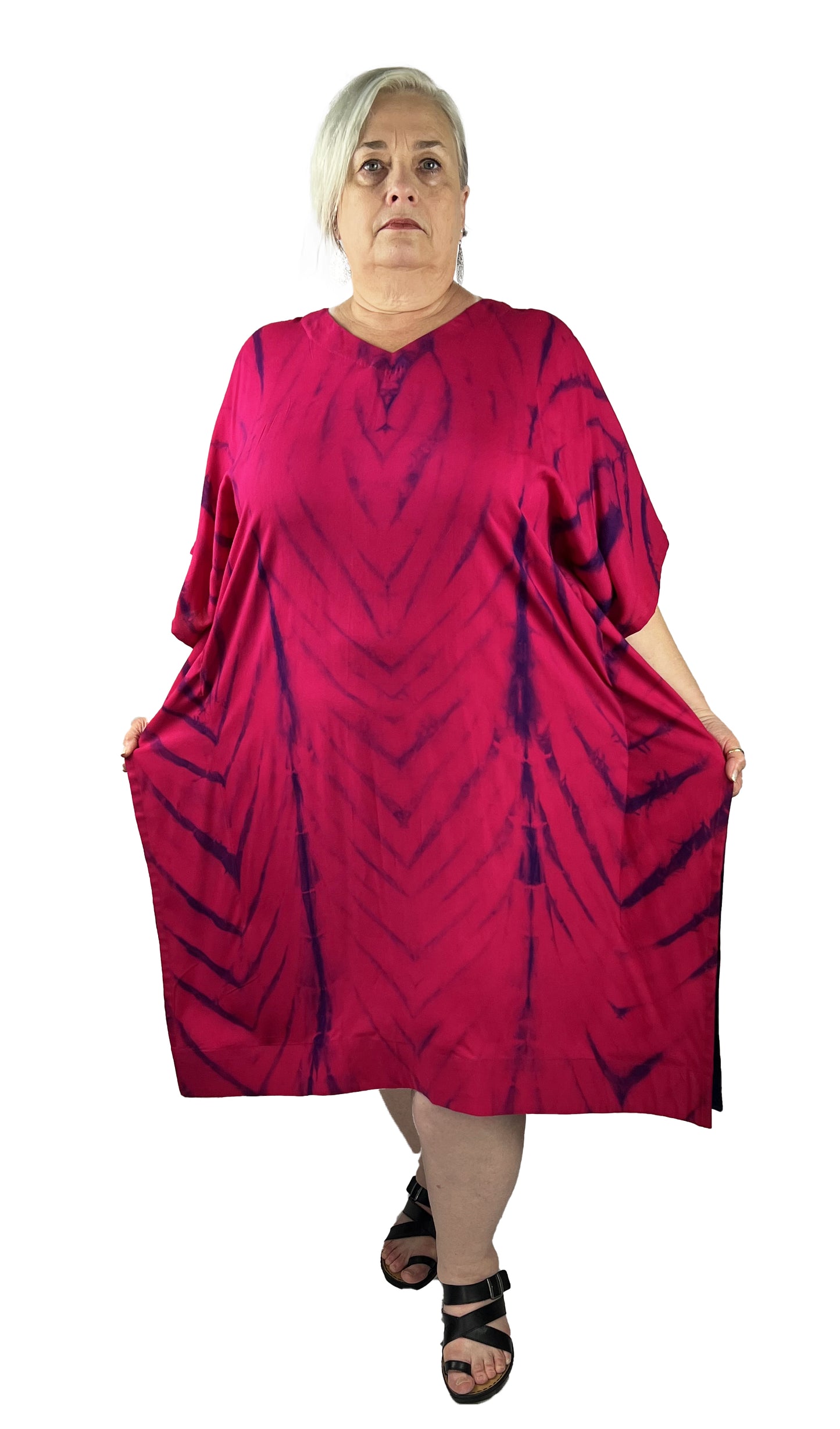 Hot Pink Tie dye Calf Length Rayon Kaftan