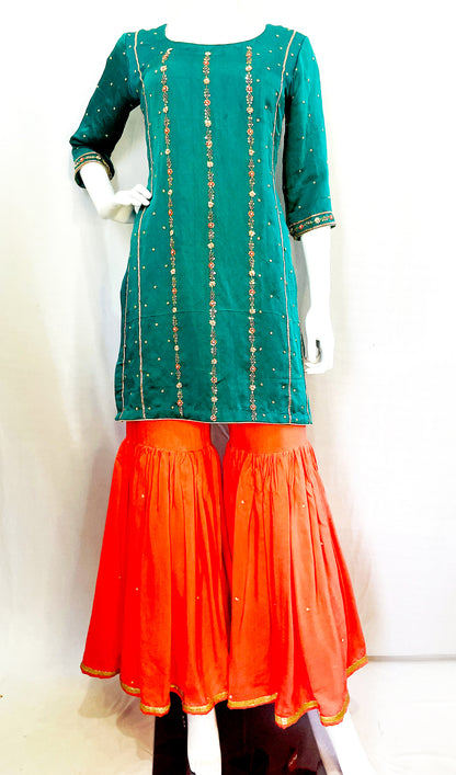 Peach Turquoise Hand embroidery Zardosi Embroidered Sharara- Garara Suit