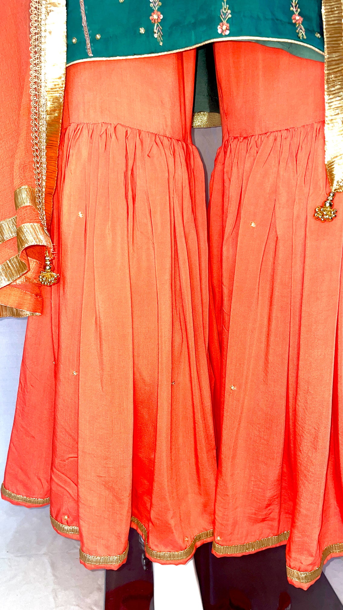 Peach Turquoise Hand embroidery Zardosi Embroidered Sharara- Garara Suit