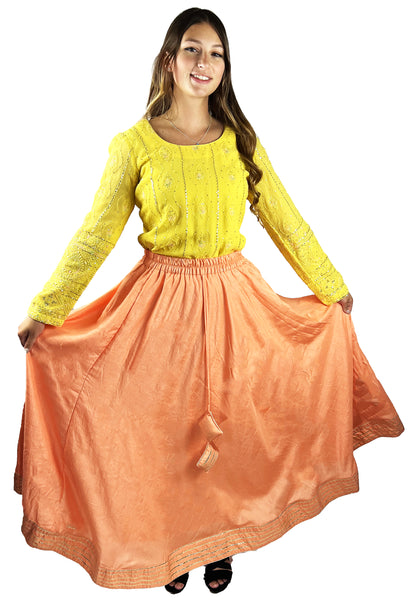 Peach color Long Skirt with Silver Lace Work