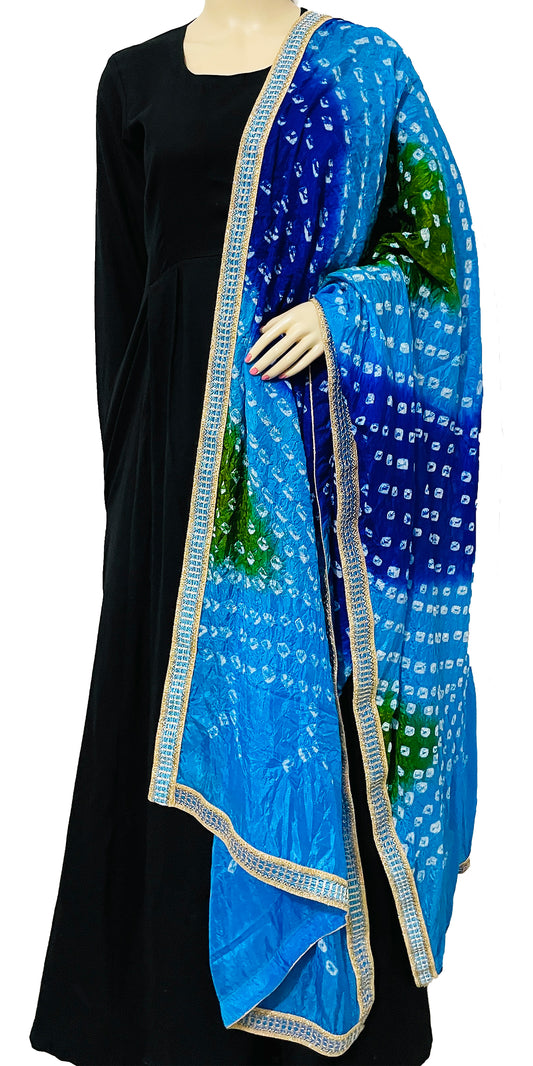 Blue & Green Jaipuri Bandhani Art Silk Dupatta with Gota Lightweight Tie Dye
