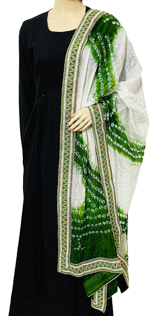 White and Green Jaipuri Bandhani Art Silk Dupatta with Gota Lightweight Tie Dye