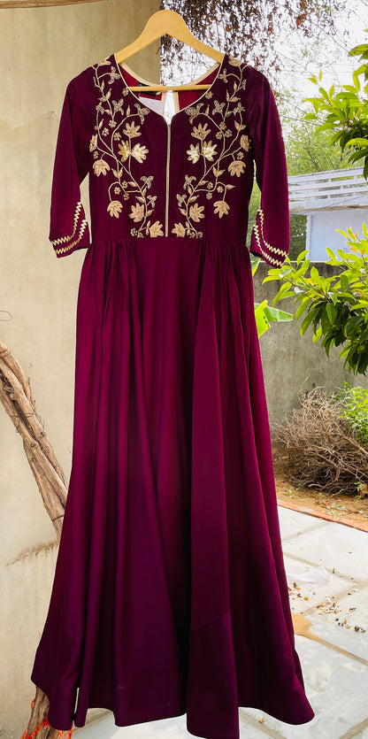 Wine Muslin Long Dress with Hand Embroidery work