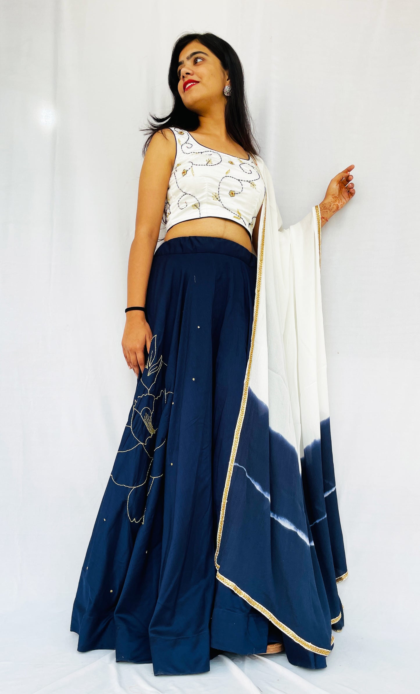 Designer Navy blue full swing circular lehenga skirt with handwork blouse and tie and dye dupatta