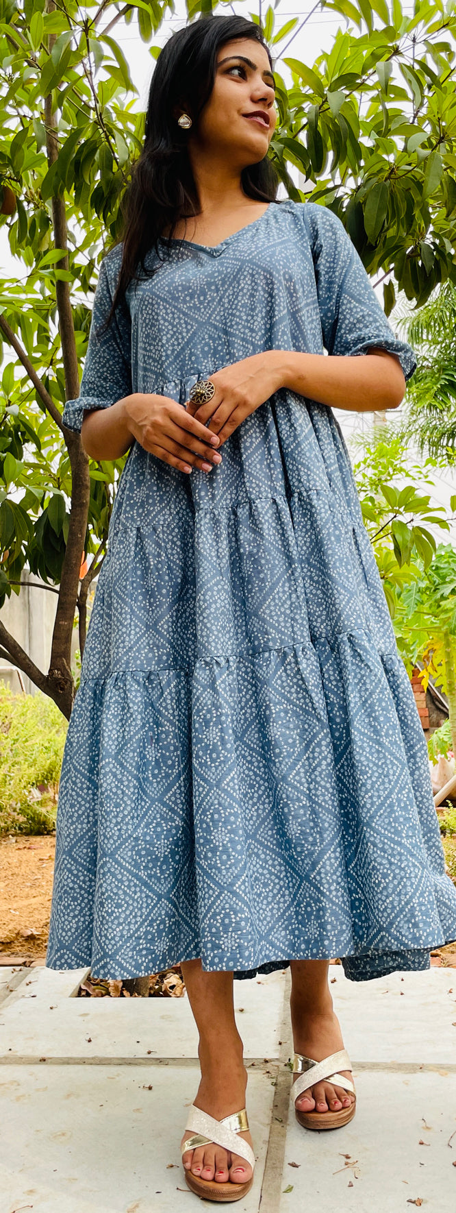 Grey Pure Cotton Dress, Printed fit and flare dress, Tiered Dress, Traditional Indian Print