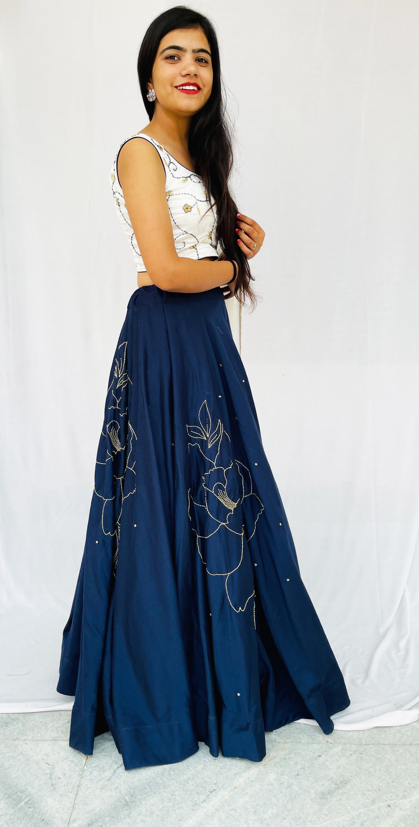 Designer Navy blue full swing circular lehenga skirt with handwork blouse and tie and dye dupatta