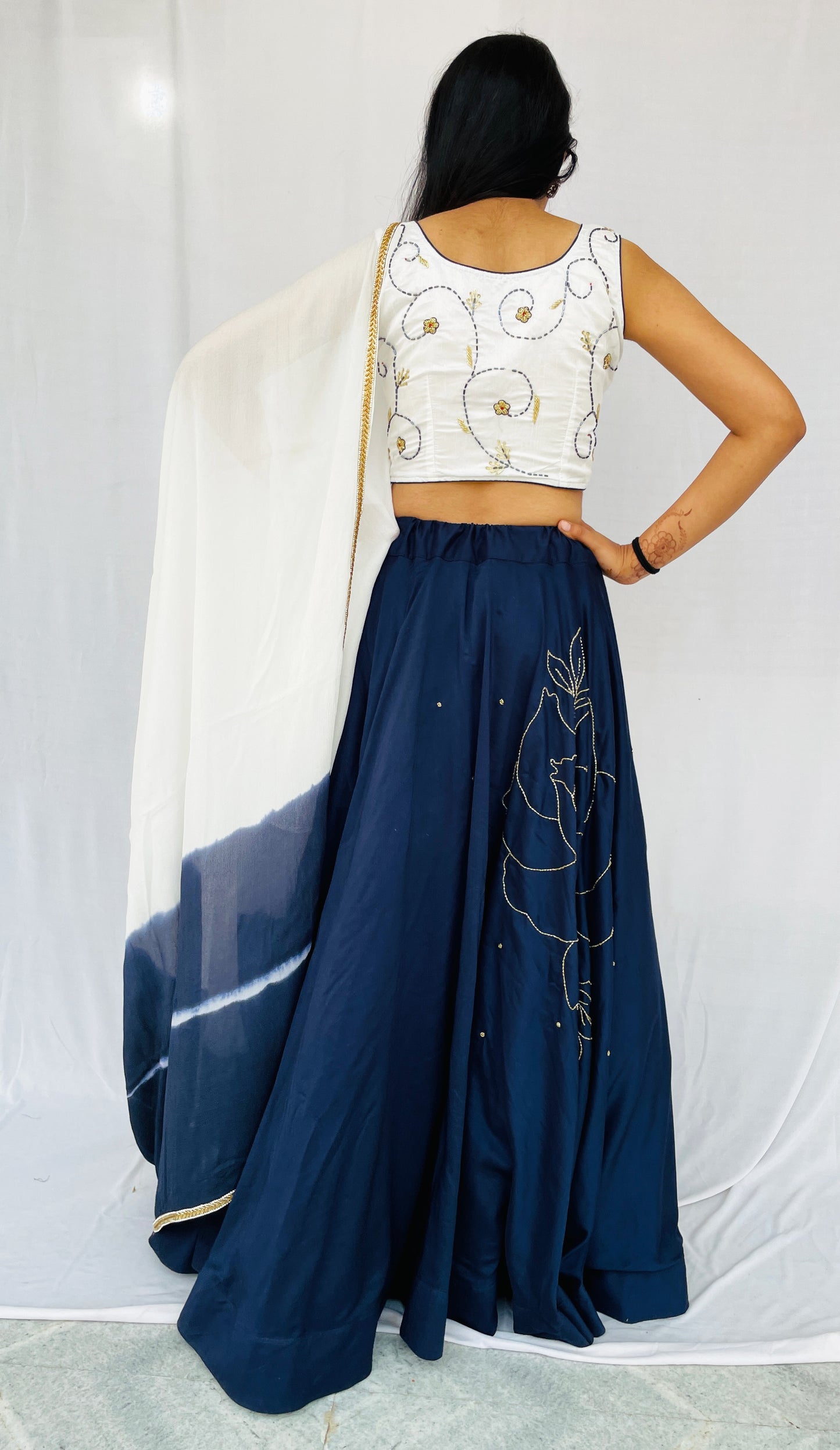 Designer Navy blue full swing circular lehenga skirt with handwork blouse and tie and dye dupatta