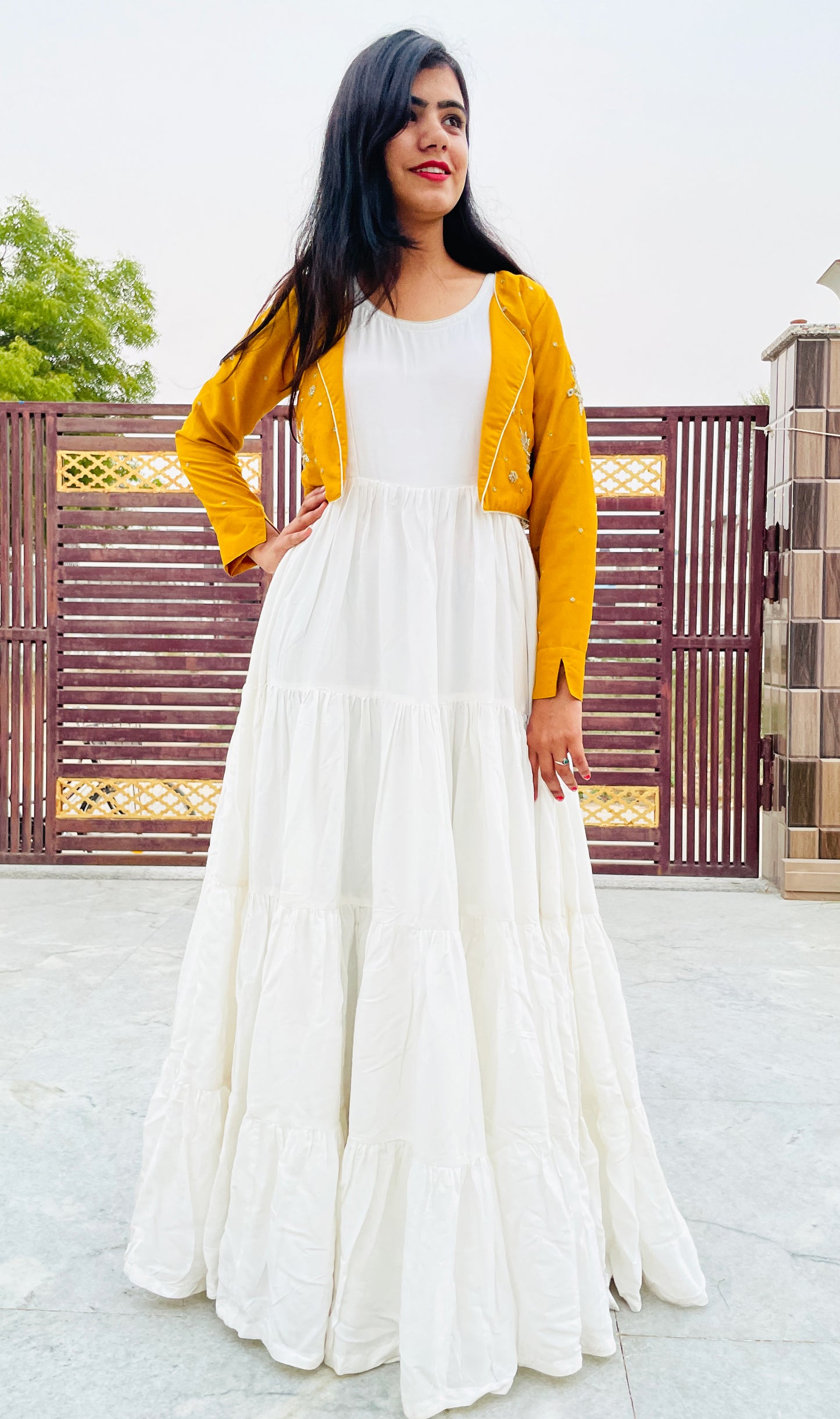 White Flared Pure Muslin Long Dress , with Mustard Hand embroidered Jacket