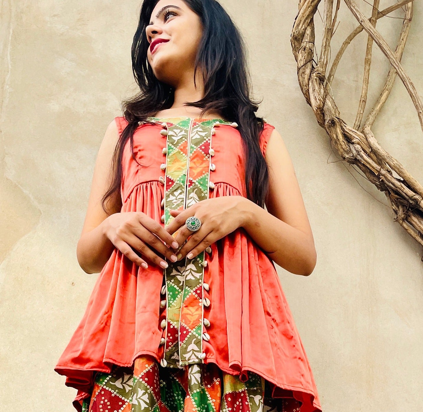 Light Green and Peach Embroidered Silk Skirt with Long Kurti Set