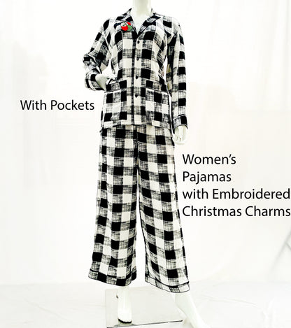 Women Christmas Pajamas Black Rayon Check print Pjs