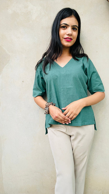 Summer Crop top Teal color made of Linen Khadi Fabric