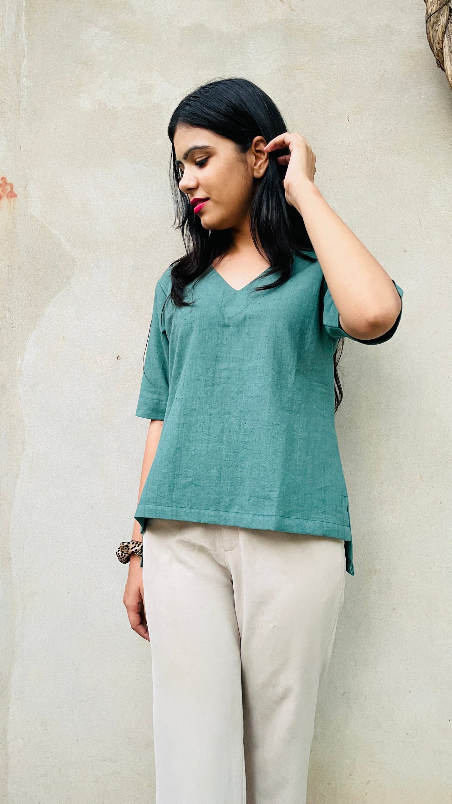 Summer Crop top Teal color made of Linen Khadi Fabric