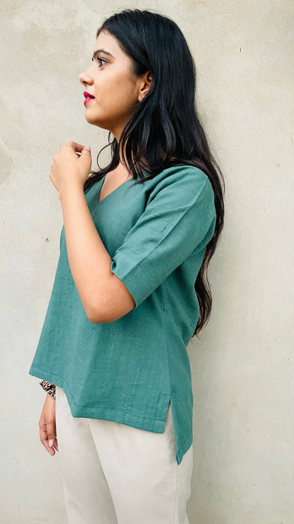Summer Crop top Teal color made of Linen Khadi Fabric