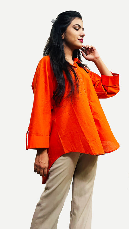 Orange Cotton Voile Button Down Crop Top Shirt