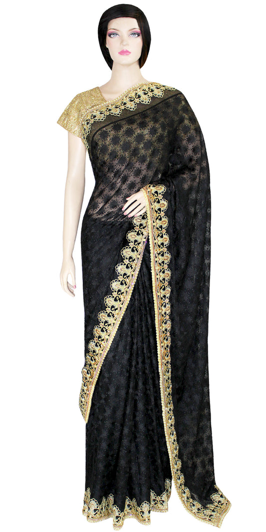 Zari embroidery Saree, Black Saree with Golden Border, Black Saree, Heavy embroidered saree, Black Banrasi Border Saree, Black Wedding saree, Black partywear Saree, Phulkari saree, Indian Saree, Indian Ethnic saree, Indian Partywear, Indian Chiffon Sari, Designer Sari