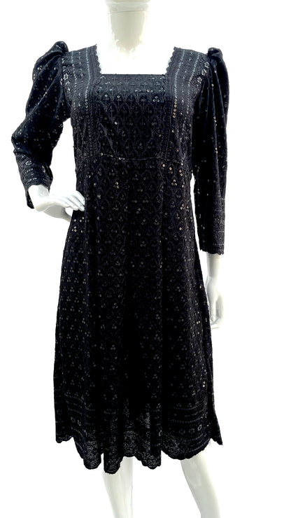 Black Sequins Calf Length Dress, Full Embroidered