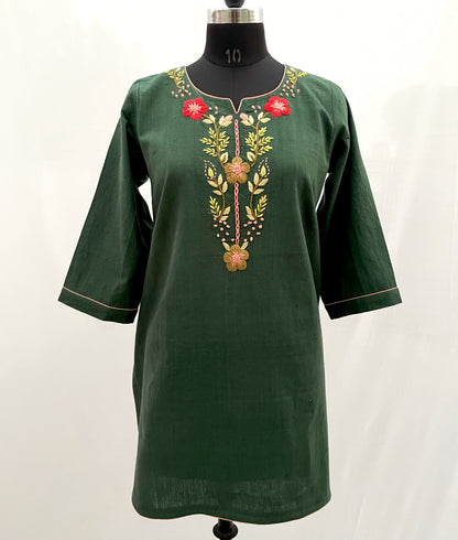 Mehndi Green Pure Khadi Cotton Kurta Hand Embroidered Tunic Top