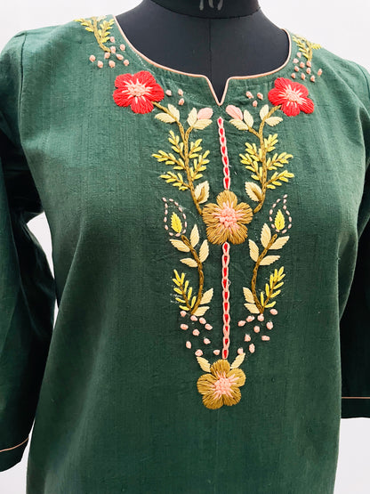 Mehndi Green Pure Khadi Cotton Kurta Hand Embroidered Tunic Top