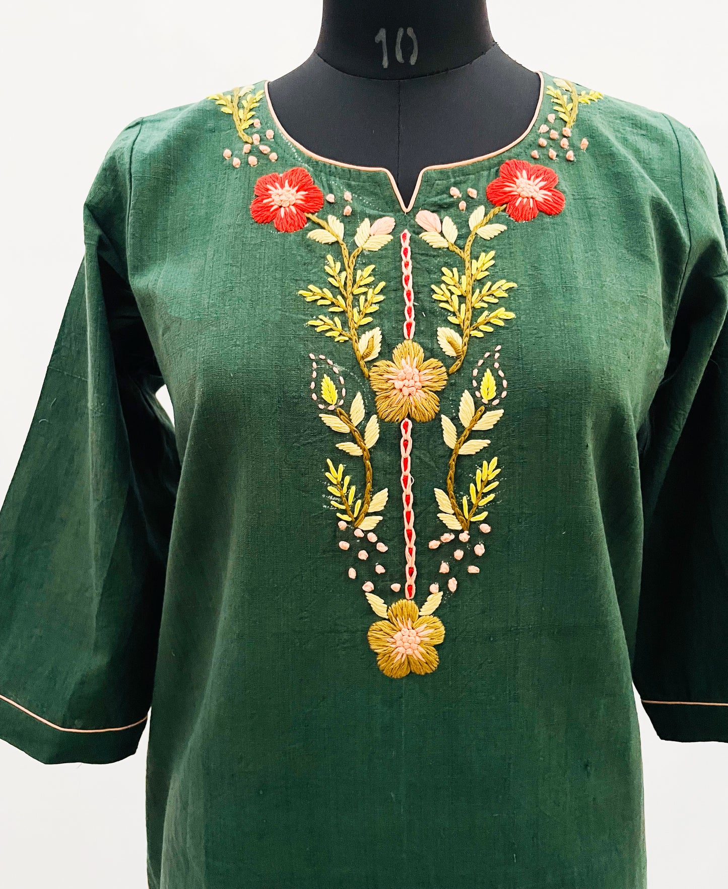 Mehndi Green Pure Khadi Cotton Kurta Hand Embroidered Tunic Top