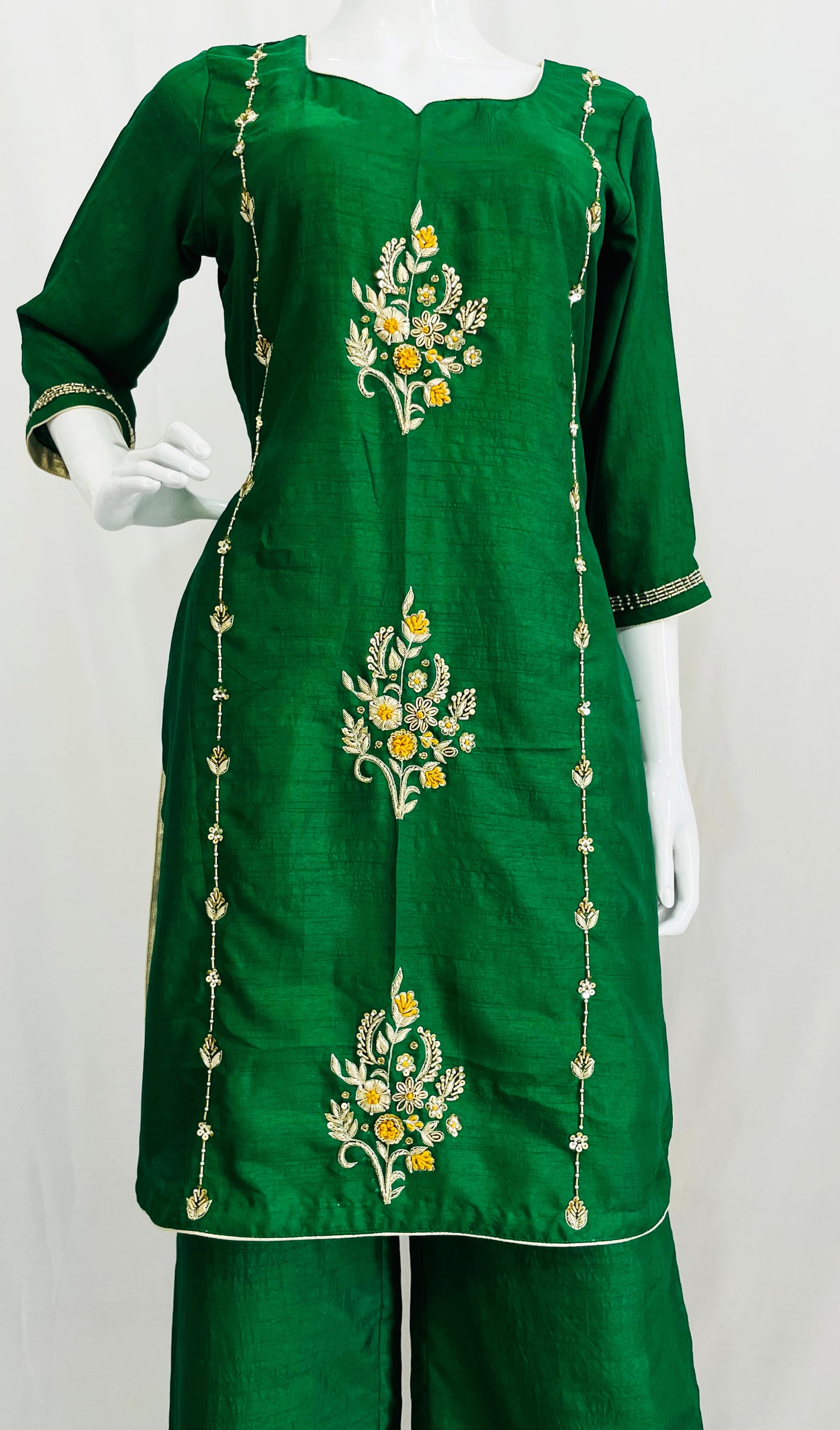 Green Hand Embroidered Palazzo Suit with Cut Dana Work