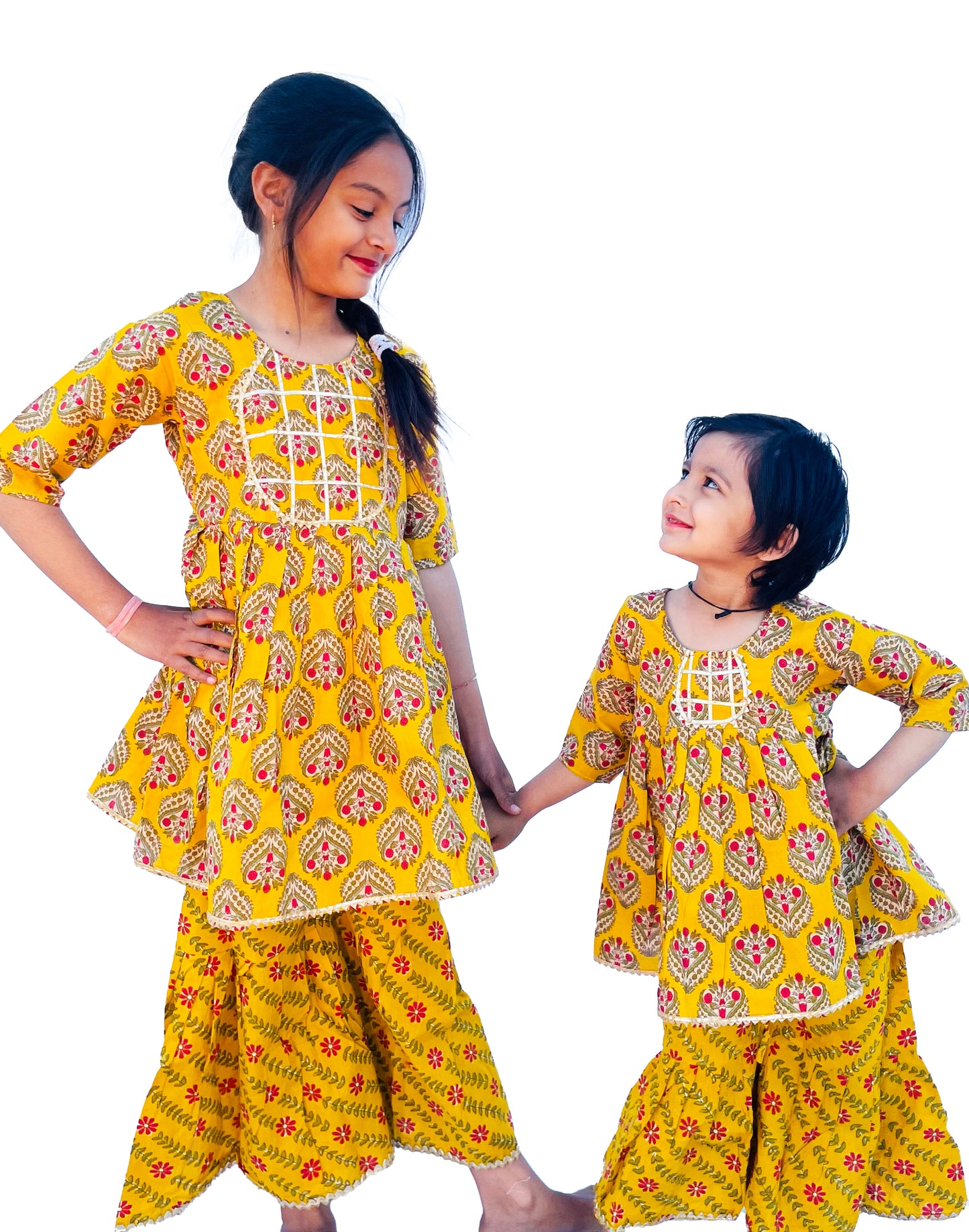 Yellow Block Print Sharara Top Set Kurti Pure Cotton Comfortable Kids Dress