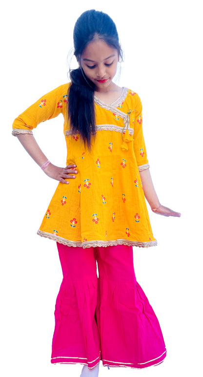 Yellow and Hot Pink Pure Cotton Sharara Suit for Girls