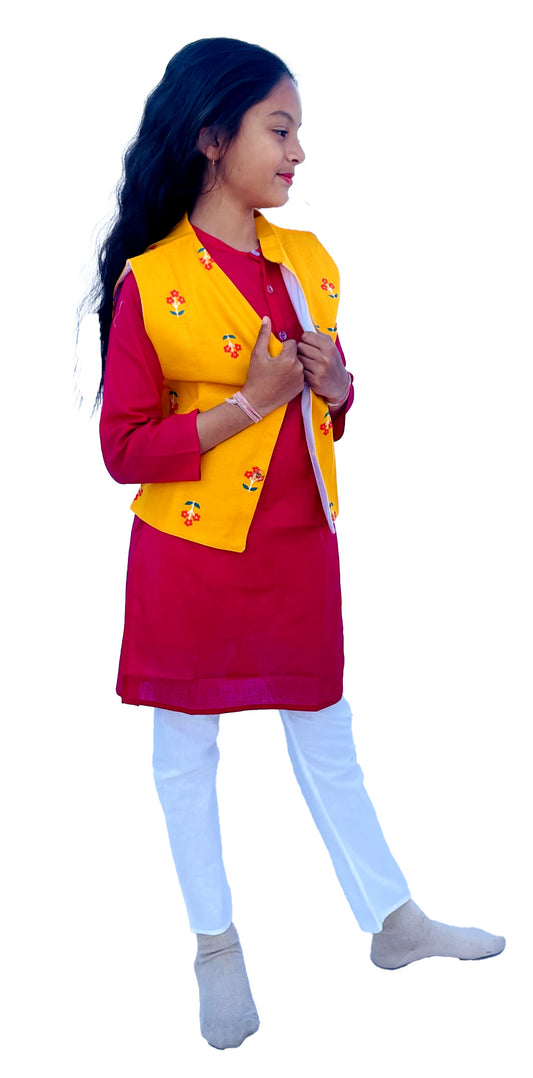 Yellow and Hot Pink Kids Kurta Pajama with Jacket, Cotton