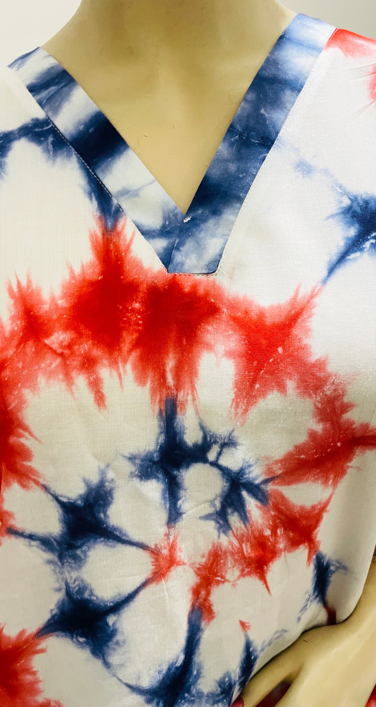Red Blue White Tunic Rayon Summer Long Hand Tie dye