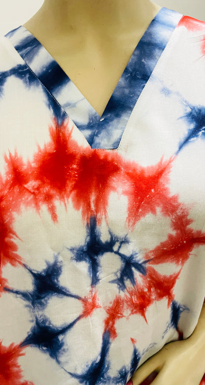 Red Blue White Tunic Rayon Summer Long Hand Tie dye