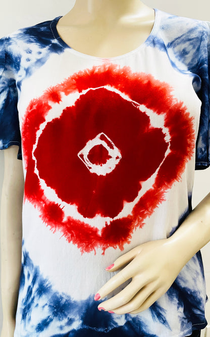 Red Blue White Top Rayon Summer Short Hand Tie dye
