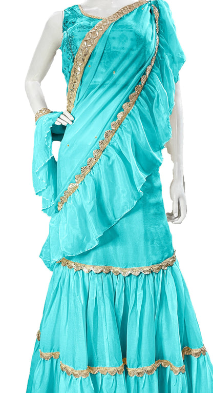 Firozi Pure Chinon Saree, Ready to wear Sari, Skirt Saree with Pure Dola SILK Blouse