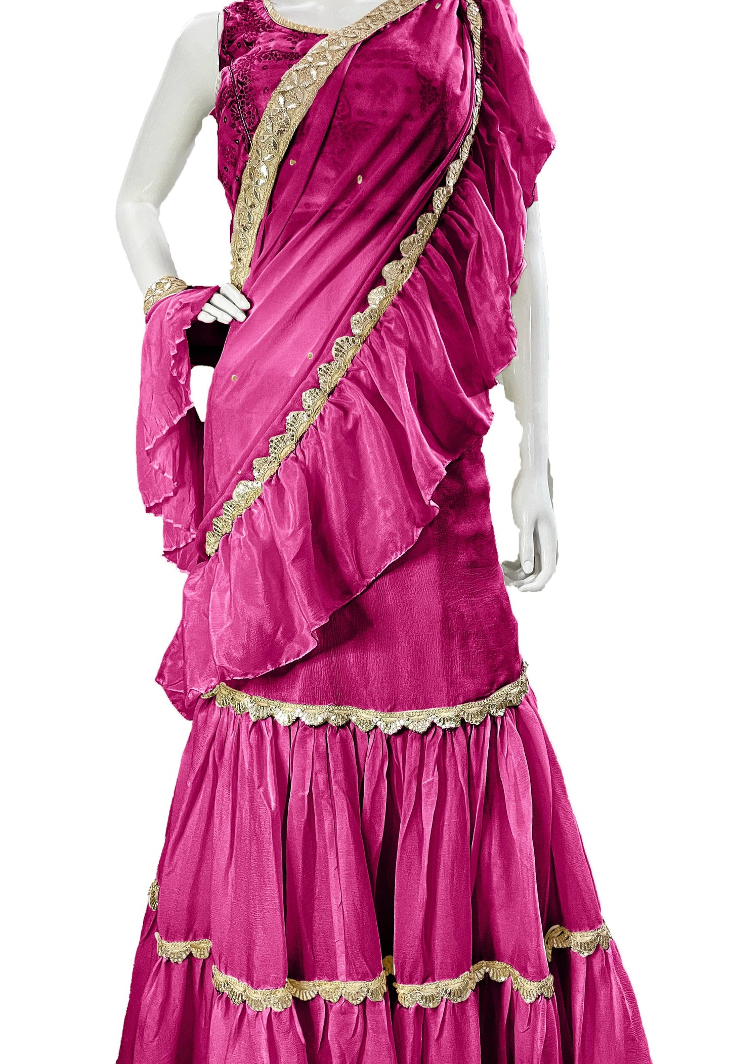 Hot Pink Pure Chinon Saree, Ready to wear Sari, Skirt Saree with Pure Dola SILK Blouse