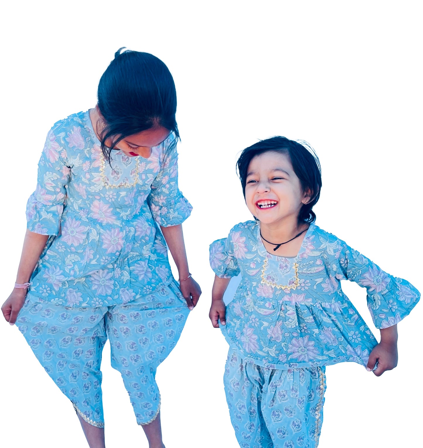 Sky blue Pure Cotton Girls Top and Dhoti Pant Block Print Rajasthani Floral Printed Soft Cotton Kidswear