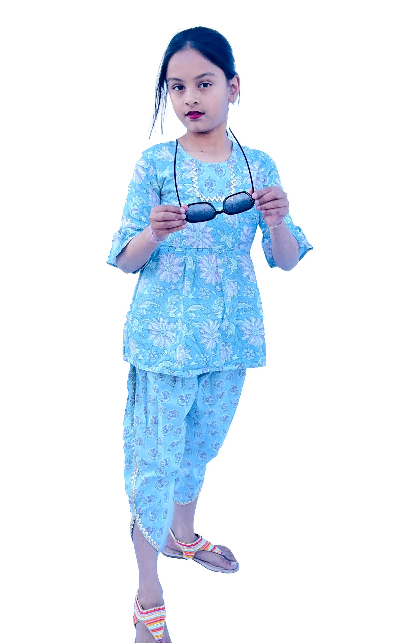 Sky blue Pure Cotton Girls Top and Dhoti Pant Block Print Rajasthani Floral Printed Soft Cotton Kidswear