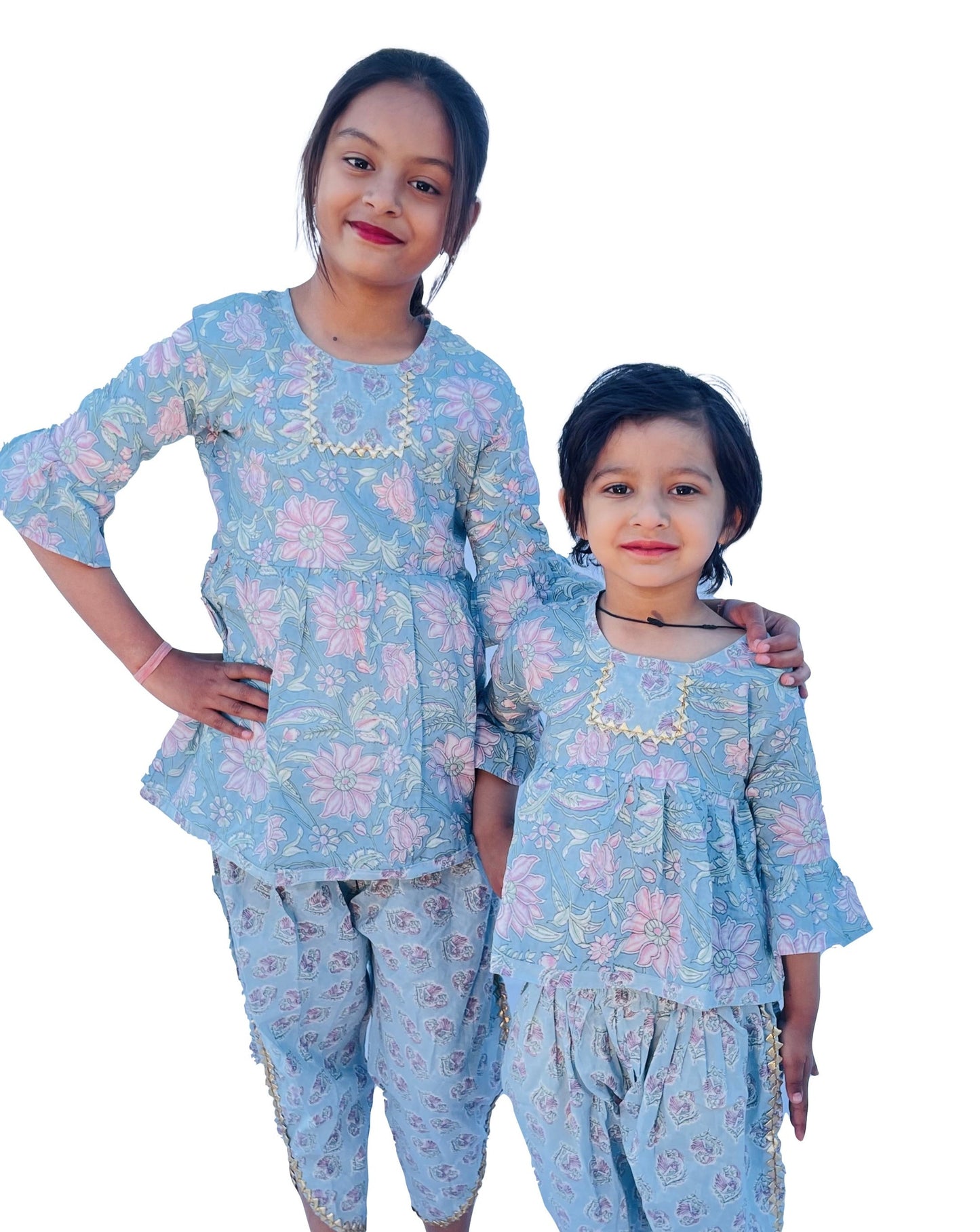 Sky blue Pure Cotton Girls Top and Dhoti Pant Block Print Rajasthani Floral Printed Soft Cotton Kidswear