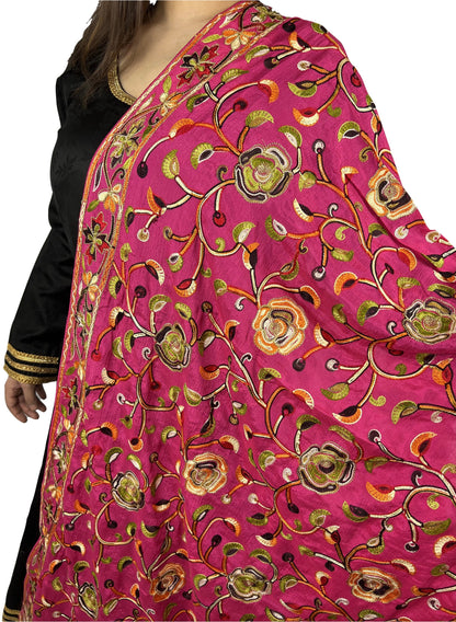 Kashmiri Embroidery Black color multi thread-work dupatta in Pure Chinon