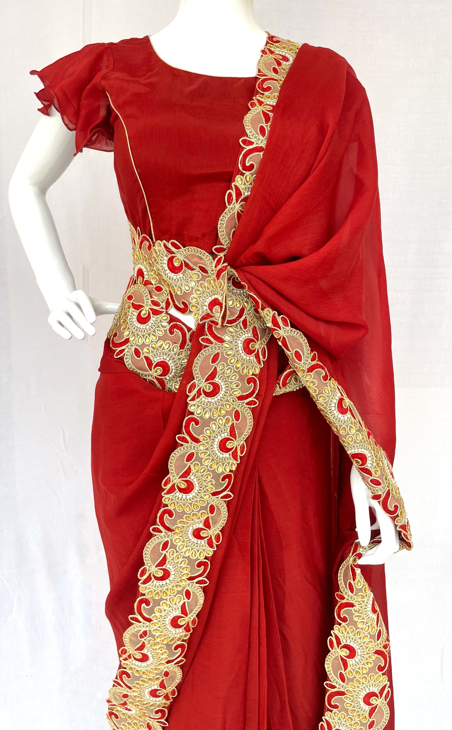 Red Maroon Pure Chinon Saree, Ready to wear Sari, Sari with belt, Padded Frill Sleeves Designer Blouse,