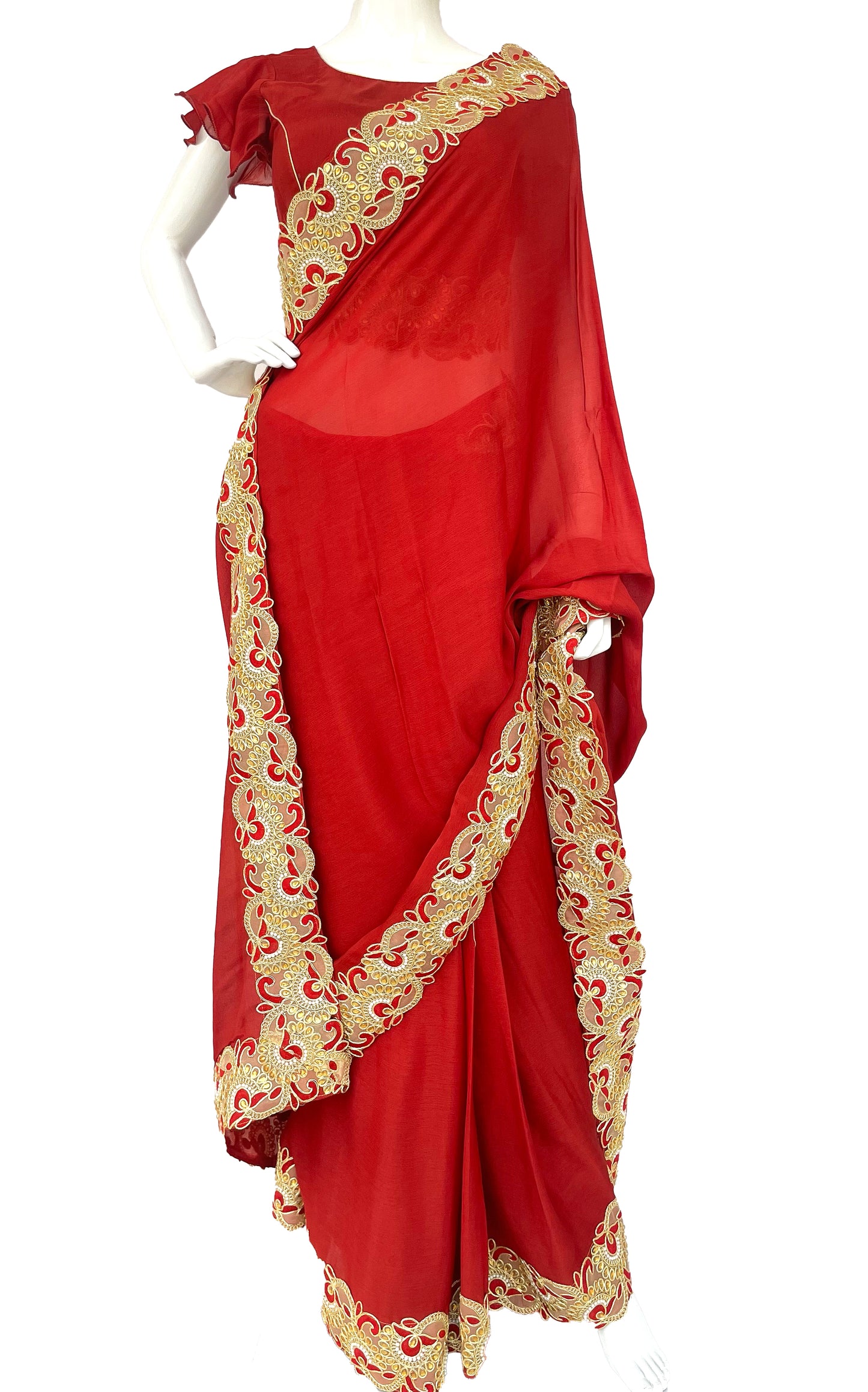 Red Maroon Pure Chinon Saree, Ready to wear Sari, Sari with belt, Padded Frill Sleeves Designer Blouse,