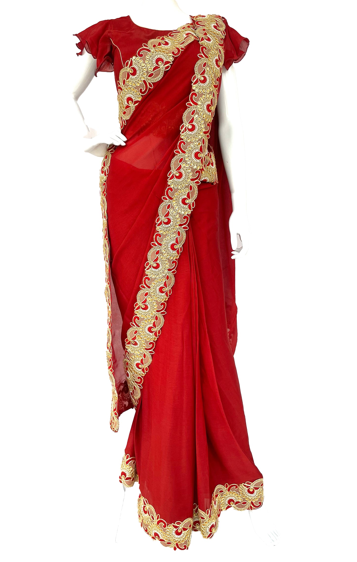 Red Maroon Pure Chinon Saree, Ready to wear Sari, Sari with belt, Padded Frill Sleeves Designer Blouse,