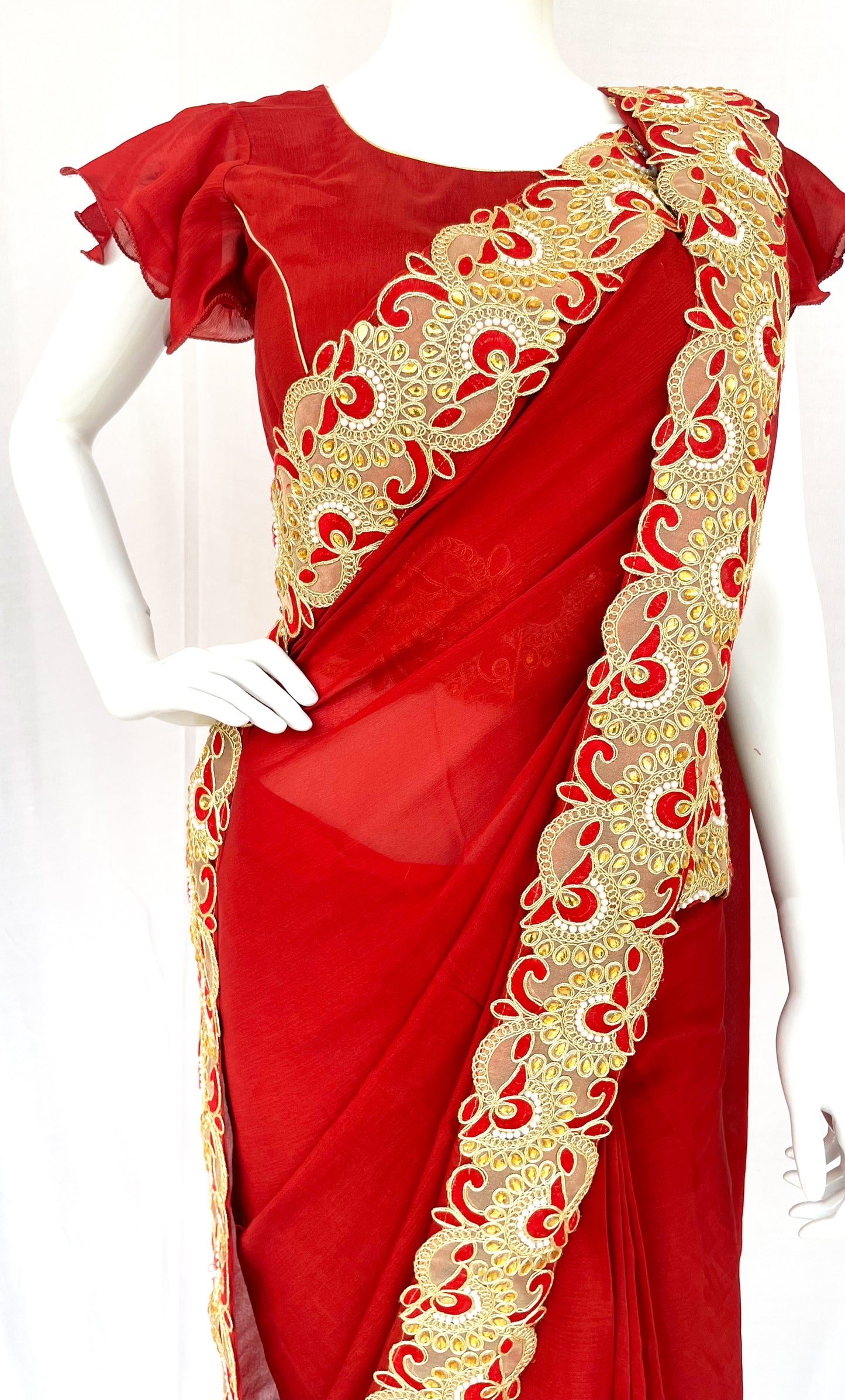 Red Maroon Pure Chinon Saree, Ready to wear Sari, Sari with belt, Padded Frill Sleeves Designer Blouse,