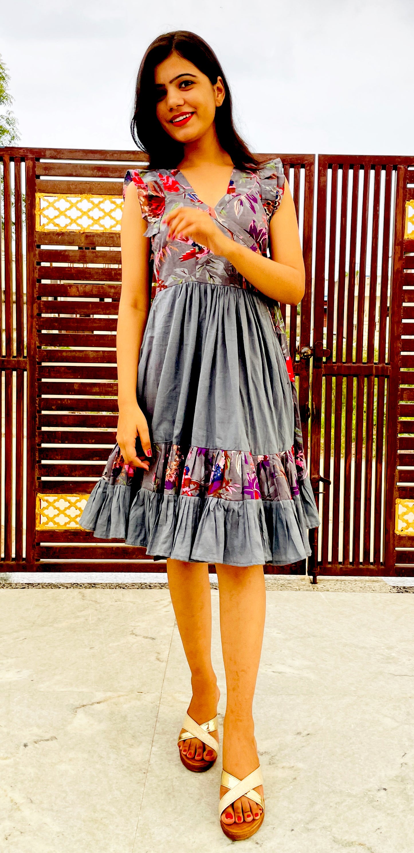 Grey Pure Cotton Wrap Dress, Tutu Style Flared Dress
