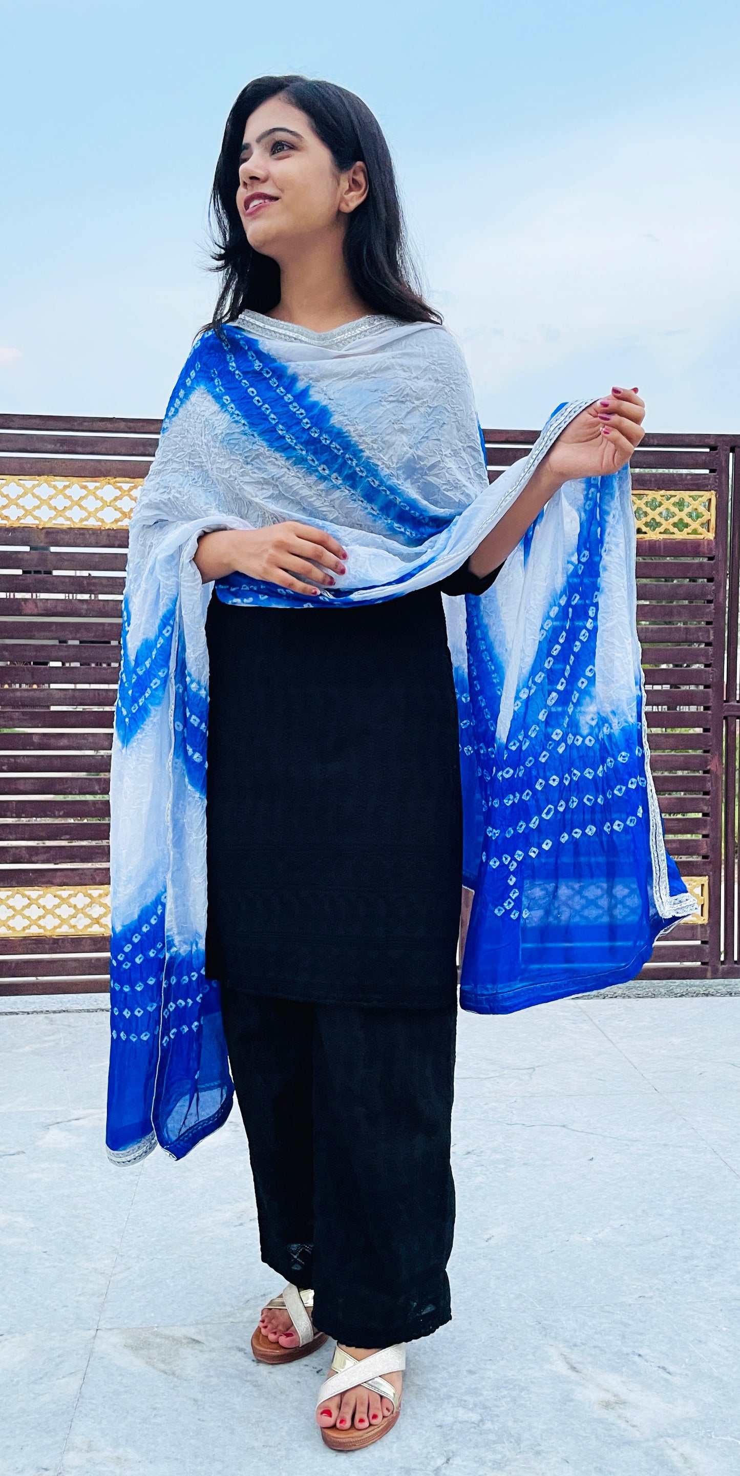 Blue and White Jaipur Bandhani Art Silk Dupatta Lightweight Tie Dye, With Lace