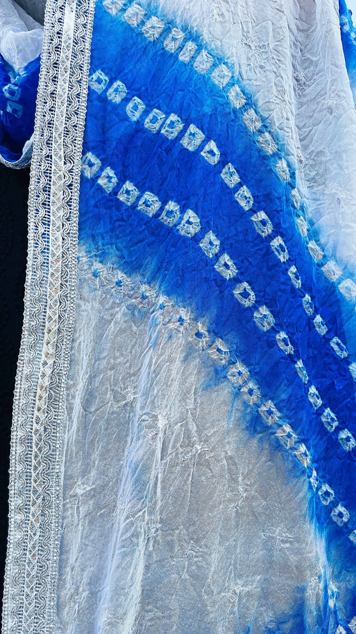 Blue and White Jaipur Bandhani Art Silk Dupatta Lightweight Tie Dye, With Lace